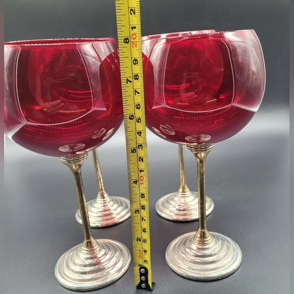 Ruby Red Glass Balloon Wine Glasses Silver Metal Stem Stepped Foot Set of 3 Vtg‍